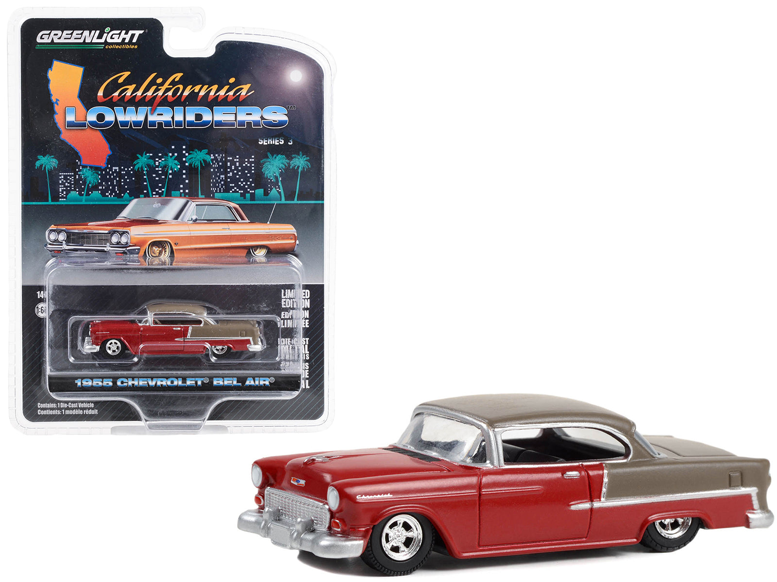 1955 Chevrolet Bel Air Lowrider Ruby Red and Matt Bronze "California Lowriders" Series 3 1/64 Diecast Model Car by Greenlight-DiecastModeler.com