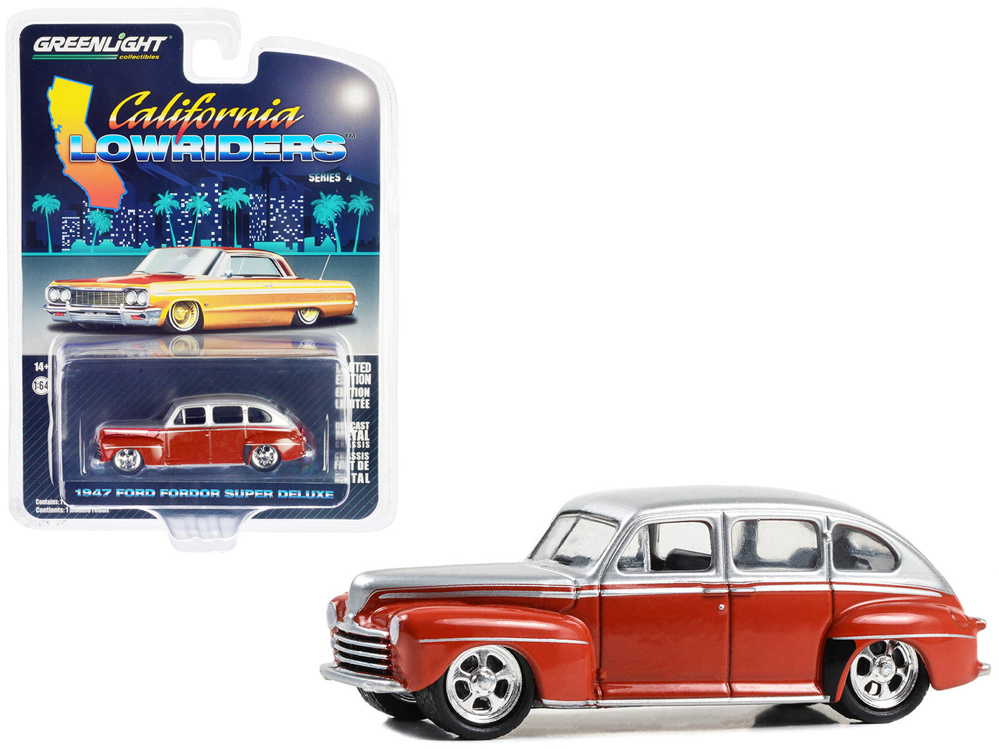1947 Ford Fordor Super Deluxe Lowrider Red and Silver Metallic "California Lowriders" Series 4 1/64 Diecast Model Car by Greenlight-DiecastModeler.com