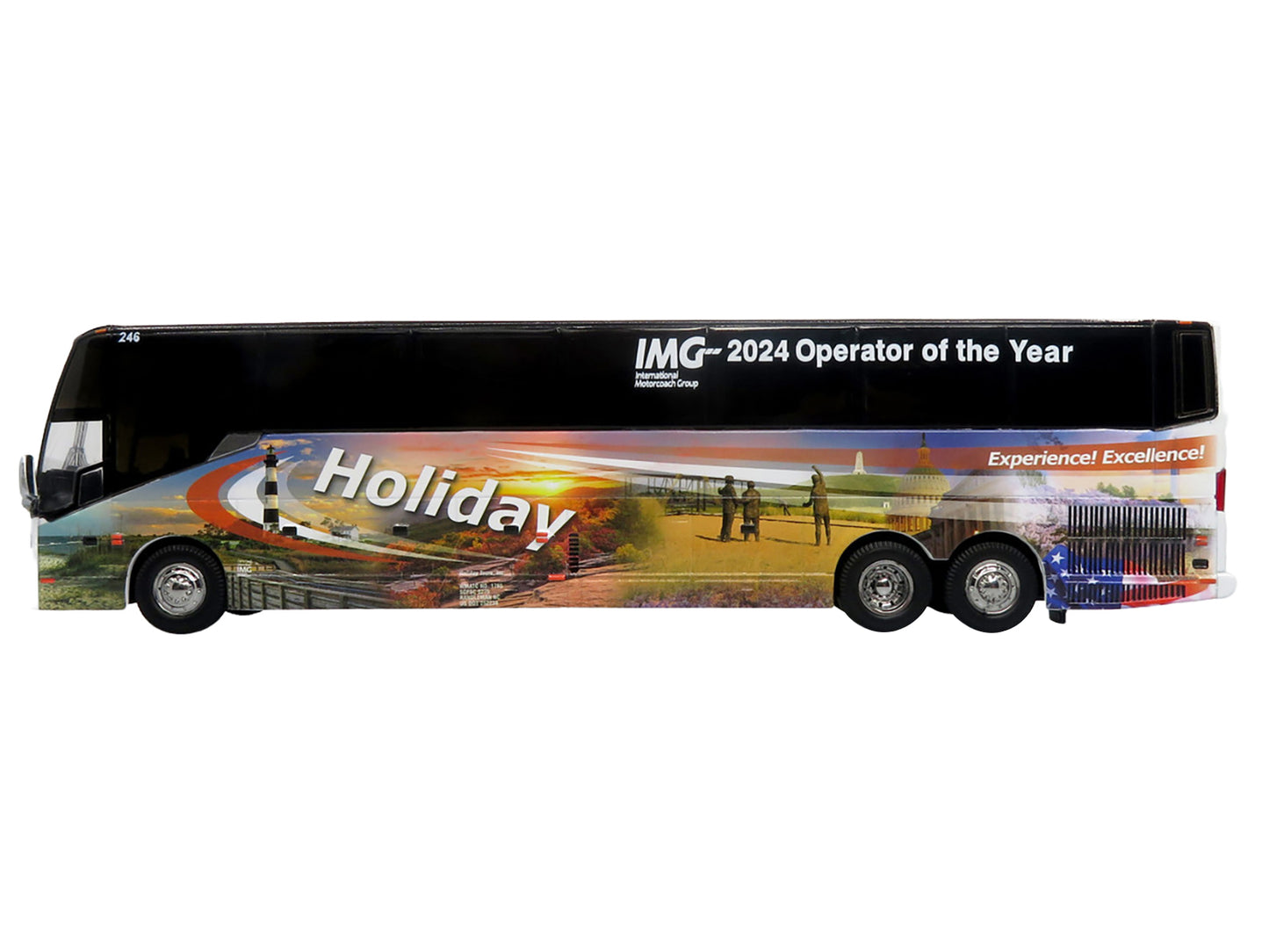Prevost H3-45 Coach Bus "Holiday Tours - 2024 IMG Operator of the Year" White with Graphics Limited Edition 1/64 Diecast Model by Iconic Replicas