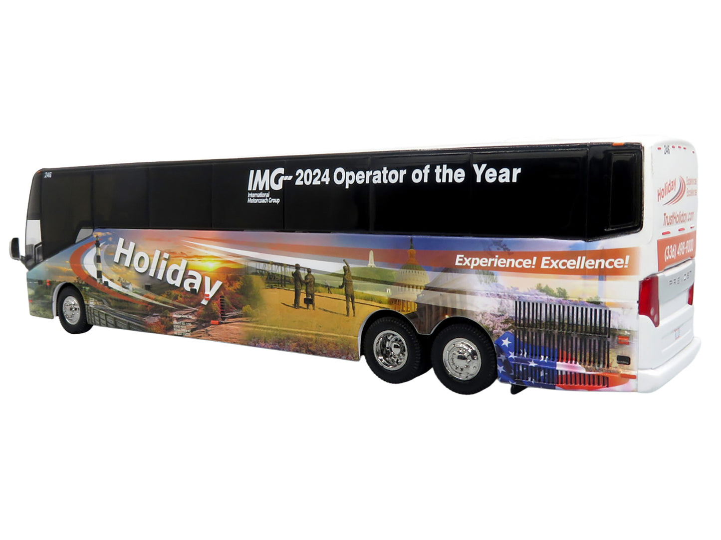 Prevost H3-45 Coach Bus "Holiday Tours - 2024 IMG Operator of the Year" White with Graphics Limited Edition 1/64 Diecast Model by Iconic Replicas