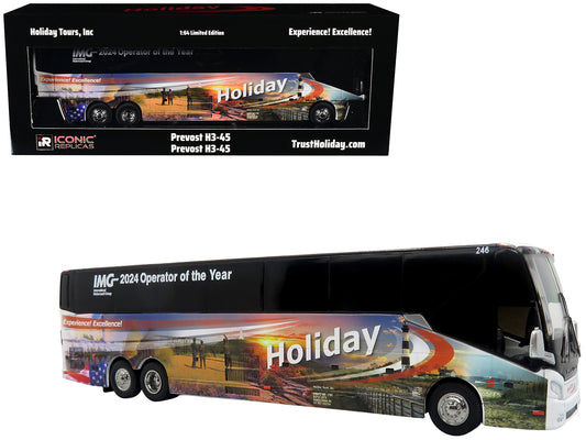 Prevost H3-45 Coach Bus "Holiday Tours - 2024 IMG Operator of the Year" White with Graphics Limited Edition 1/64 Diecast Model by Iconic Replicas