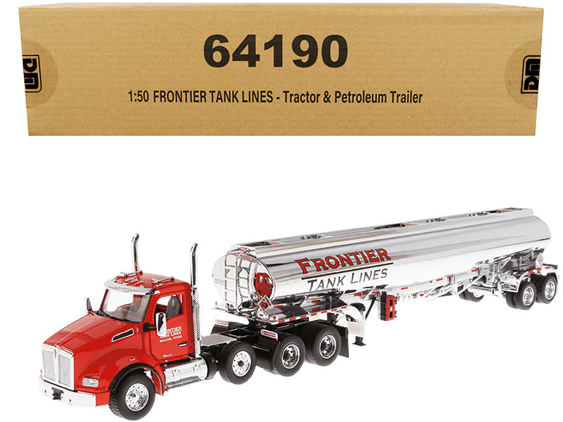 Kenworth T880 SBFA Tandem Day Cab Truck with Pusher Axle and Heil FD9300/DT-C4 Petroleum Tanker Trailer "Frontier Tank Lines" Red and Chrome "Transport Series" Limited Edition to 500 pieces Worldwide 1/50 Diecast Model by Diecast Masters-DiecastModeler.com