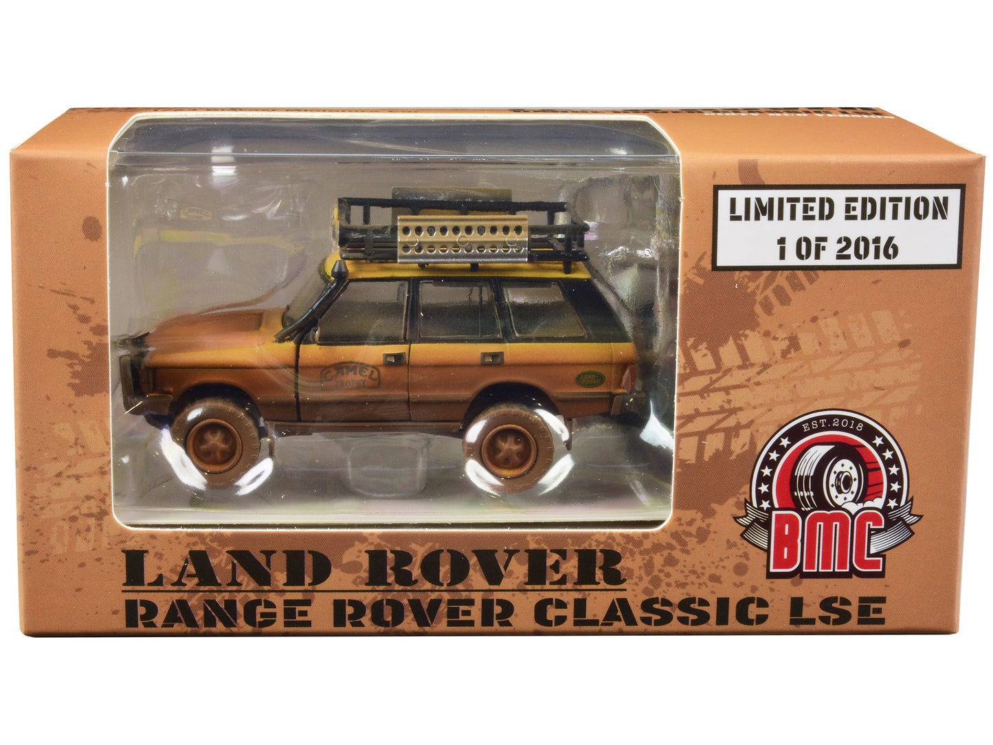Land Rover Range Rover Classic LSE RHD (Right Hand Drive) "Camel Trophy" Yellow (Dirty Mud Version) with Roof Rack Extra Wheels and Accessories Limited Edition to 2016 pieces Worldwide 1/64 Diecast Model Car by BM Creations-DiecastModeler.com