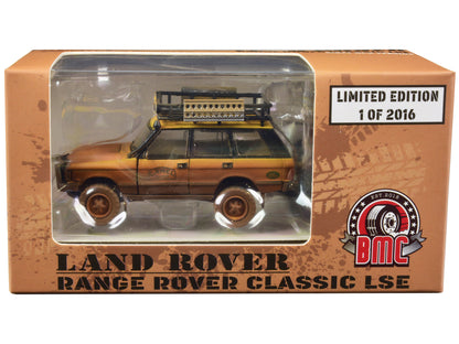 Land Rover Range Rover Classic LSE RHD (Right Hand Drive) "Camel Trophy" Yellow (Dirty Mud Version) with Roof Rack Extra Wheels and Accessories Limited Edition to 2016 pieces Worldwide 1/64 Diecast Model Car by BM Creations-DiecastModeler.com