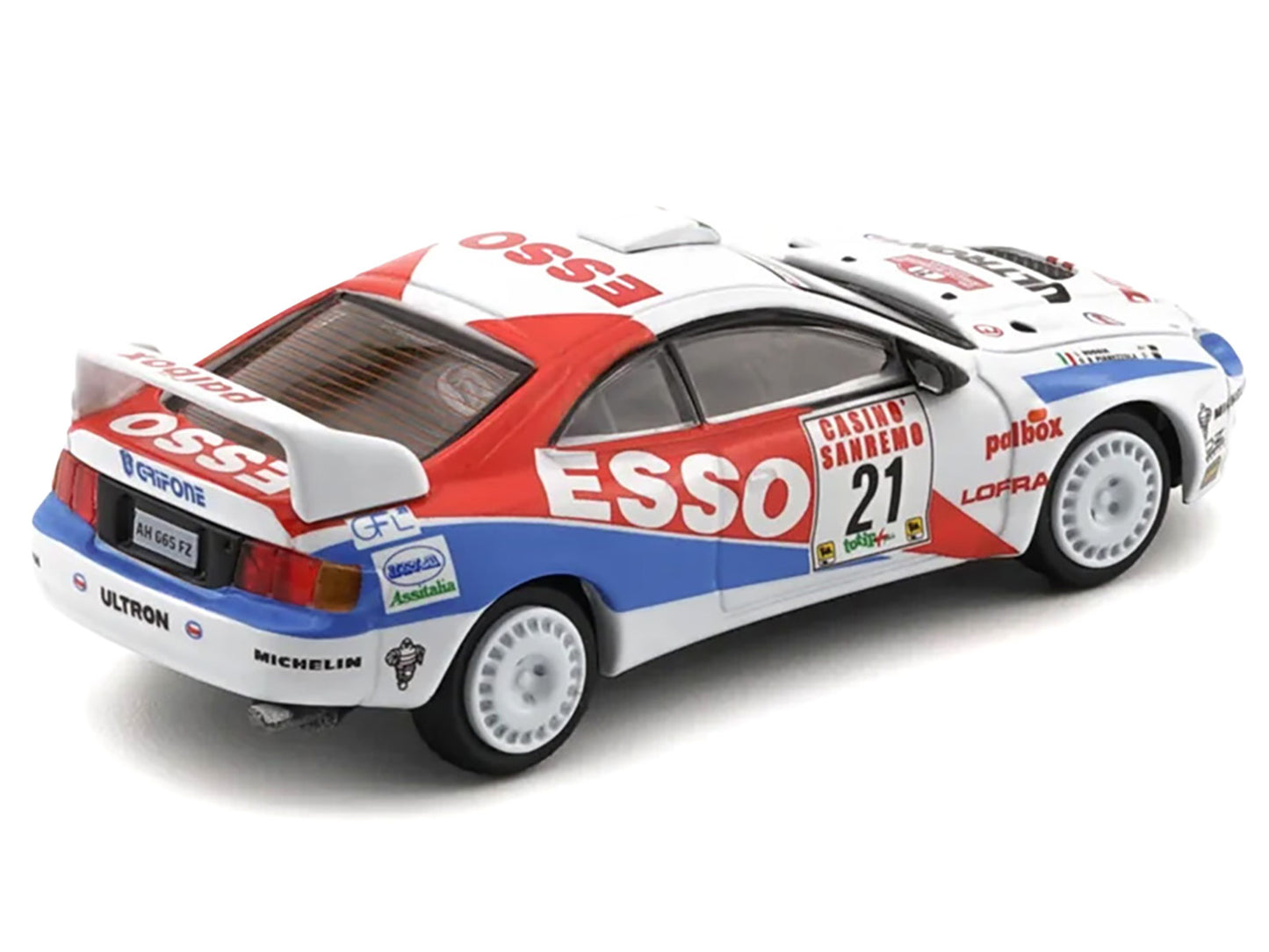 Toyota Celica GT-Four #21 Gilberto Pianezzola - Loris Roggia "Rallye Sanremo - Rallye d'Italia" (1996) with Extra Wheels 1/64 Diecast Model Car by BM Creations