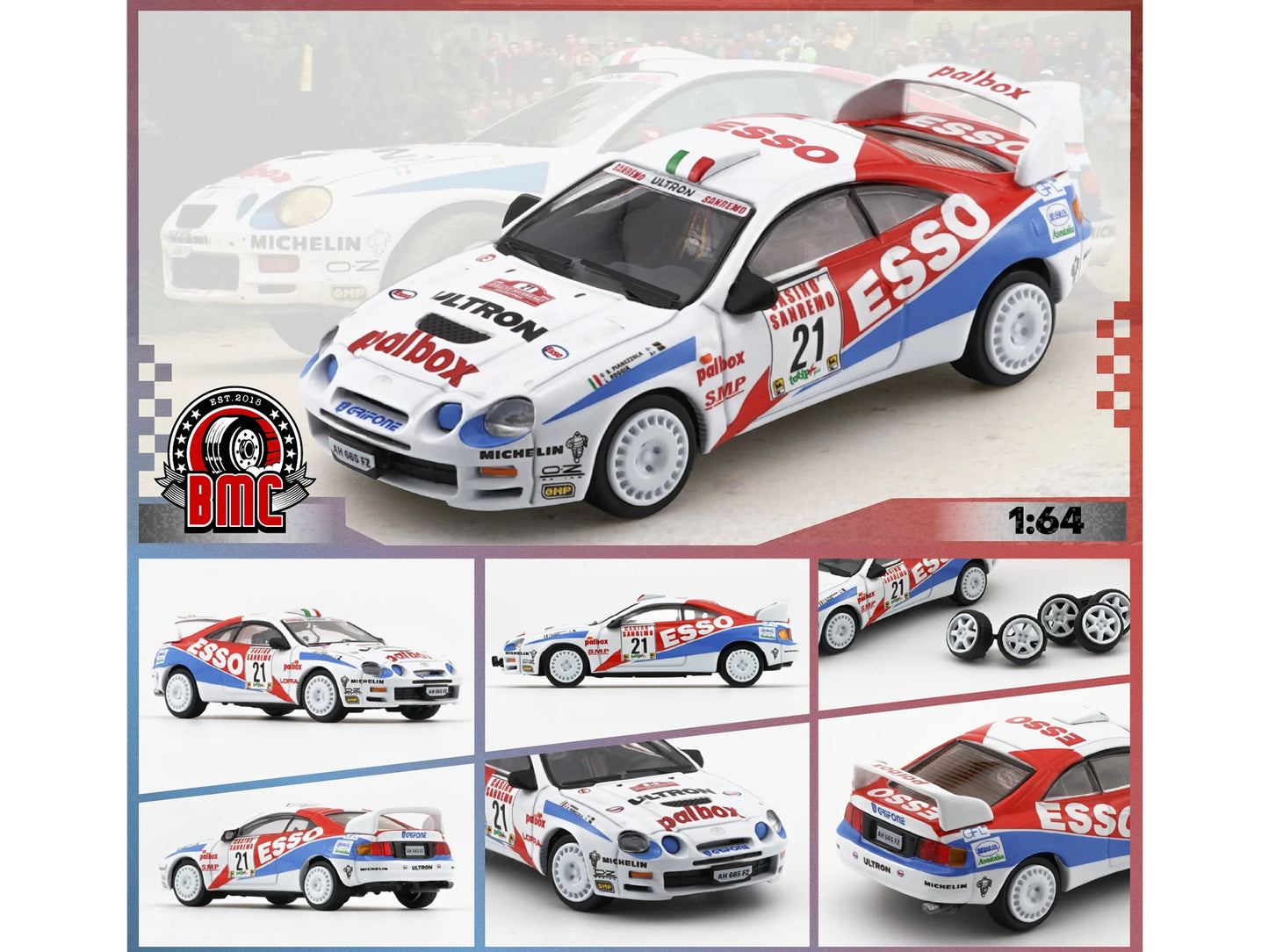 Toyota Celica GT-Four #21 Gilberto Pianezzola - Loris Roggia "Rallye Sanremo - Rallye d'Italia" (1996) with Extra Wheels 1/64 Diecast Model Car by BM Creations