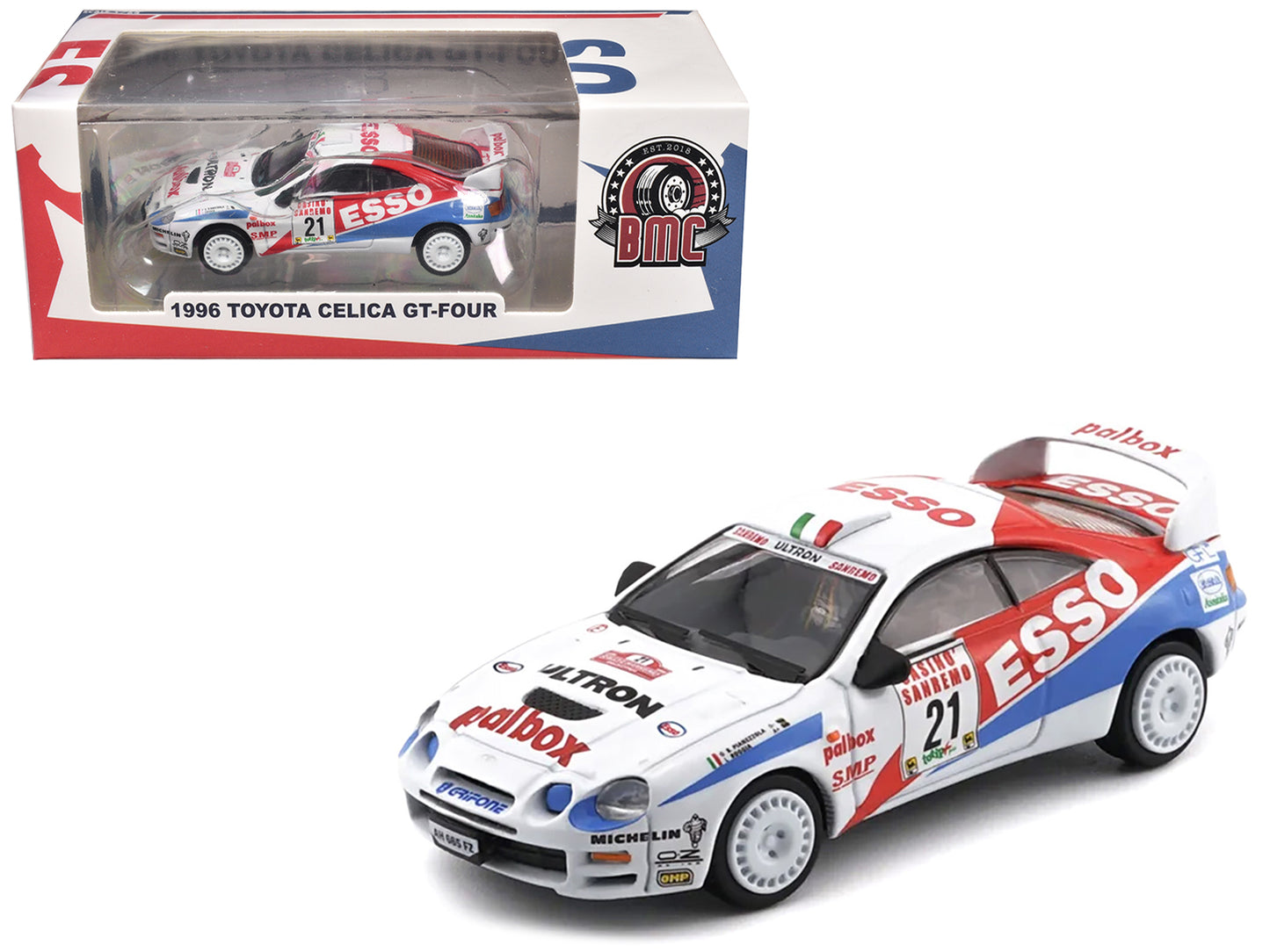 Toyota Celica GT-Four #21 Gilberto Pianezzola - Loris Roggia "Rallye Sanremo - Rallye d'Italia" (1996) with Extra Wheels 1/64 Diecast Model Car by BM Creations