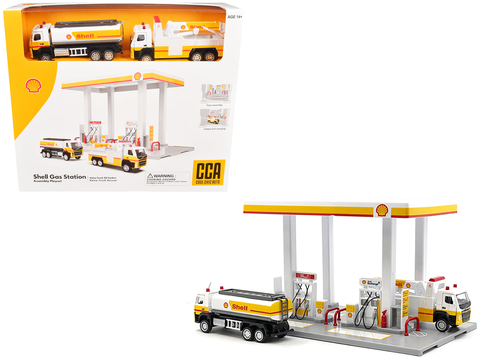Shell Gas Station Playset with Volvo Oil Tanker and Volvo Tow Truck Diorama Set-DiecastModeler.com