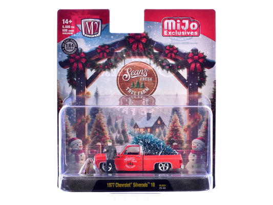 1977 Chevrolet Silverado 10 Pickup Truck "Sean's Fresh Tree Farm" Red with White Top (Weathered) with 2 Figures and Tree Limited Edition to 6600 pieces Worldwide 1/64 Diecast Model Car by M2 Machines