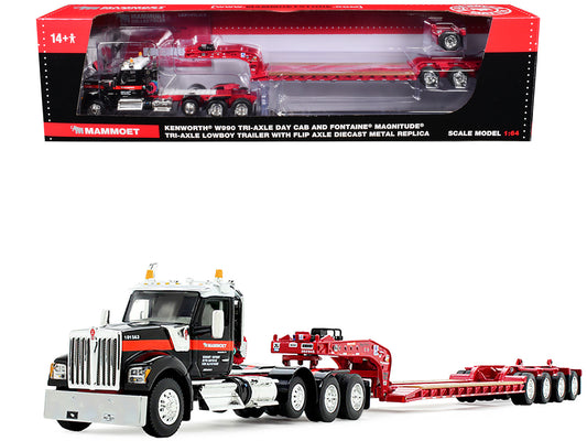 Kenworth W990 Heavy Haul Day Cab and Magnitude Tri-Axle Lowboy Trailer with Flip Tail "Mammoet" Black and Red 1/64 Diecast Model by DCP/First Gear-DiecastModeler.com