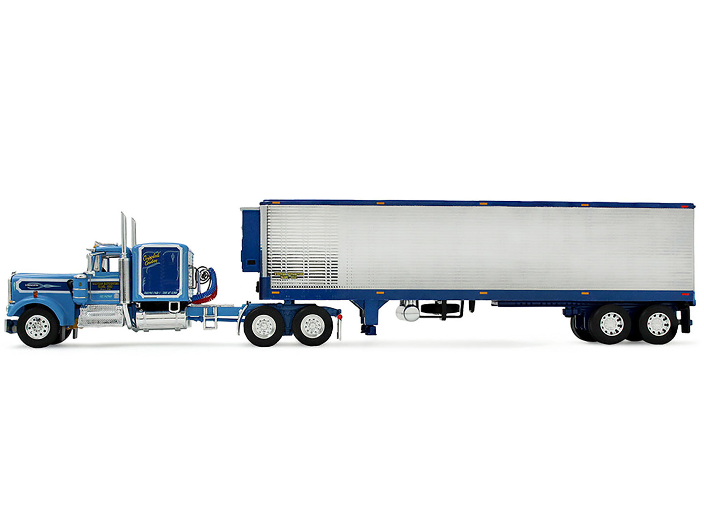 Kenworth W900A with 60" Flat Top Sleeper and 40' Vintage Refrigerated Trailer "Crippled Cowboy" Blue 1/64 Diecast Model by DCP/First Gear
