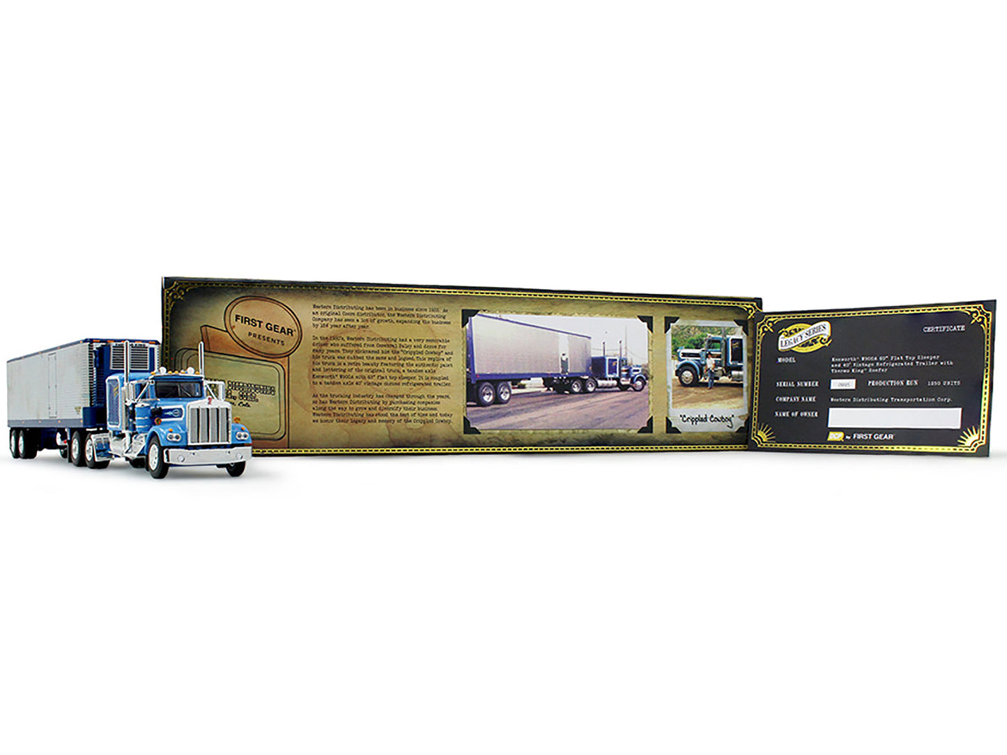 Kenworth W900A with 60" Flat Top Sleeper and 40' Vintage Refrigerated Trailer "Crippled Cowboy" Blue 1/64 Diecast Model by DCP/First Gear