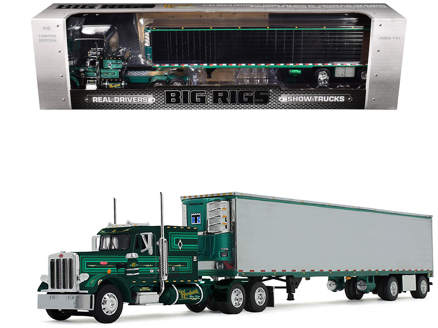 Peterbilt 359 with 60" Vintage Sleeper and 53' Utility Trailer with Reefer "Hardwick Motor Freight" Green Metallic with Stripes "Big Rigs" Series II #2 1/64 Diecast Model by DCP/First Gear