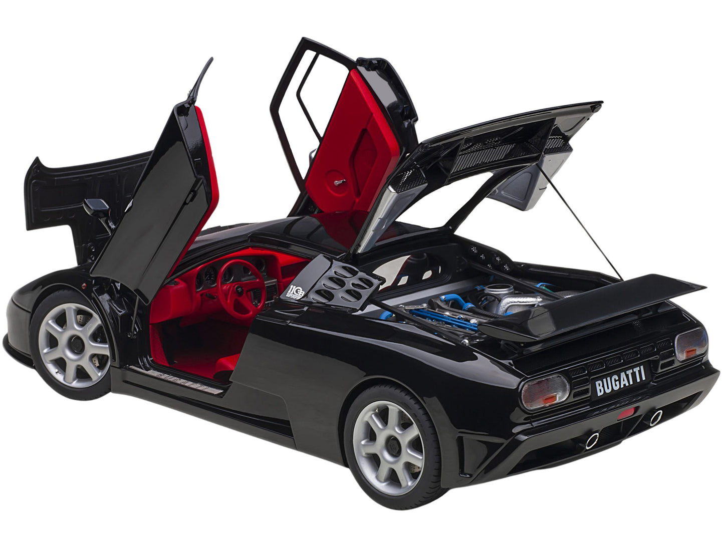 Bugatti EB110 SS Super Sport Nero Vernice Black with Red Interior and Silver Wheels 1/18 Model Car by Autoart-DiecastModeler.com