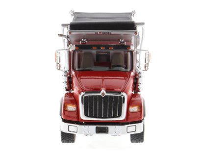 International HX620 Tandem Axle with Pusher Axle OX Stampede Dump Truck Red and Chrome "Transport Series" 1/50 Diecast Model by Diecast Masters