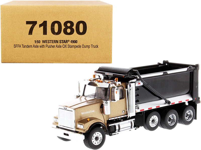 Western Star 4900 SFFA Tandem with Pusher Axle OX Stampede Dump Truck Gold and Black "Transport Series" 1/50 Diecast Model by Diecast Masters-DiecastModeler.com