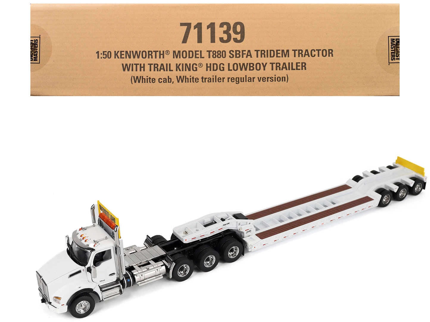 Kenworth T880 SBFA Tridem Truck with Trail King HDG Lowboy Trailer White "Transport Series" 1/50 Diecast Model by Diecast Masters