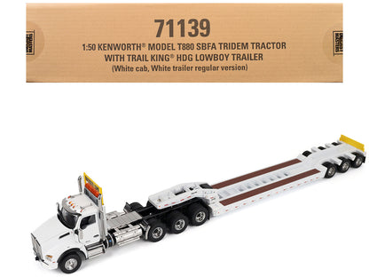 Kenworth T880 SBFA Tridem Truck with Trail King HDG Lowboy Trailer White "Transport Series" 1/50 Diecast Model by Diecast Masters