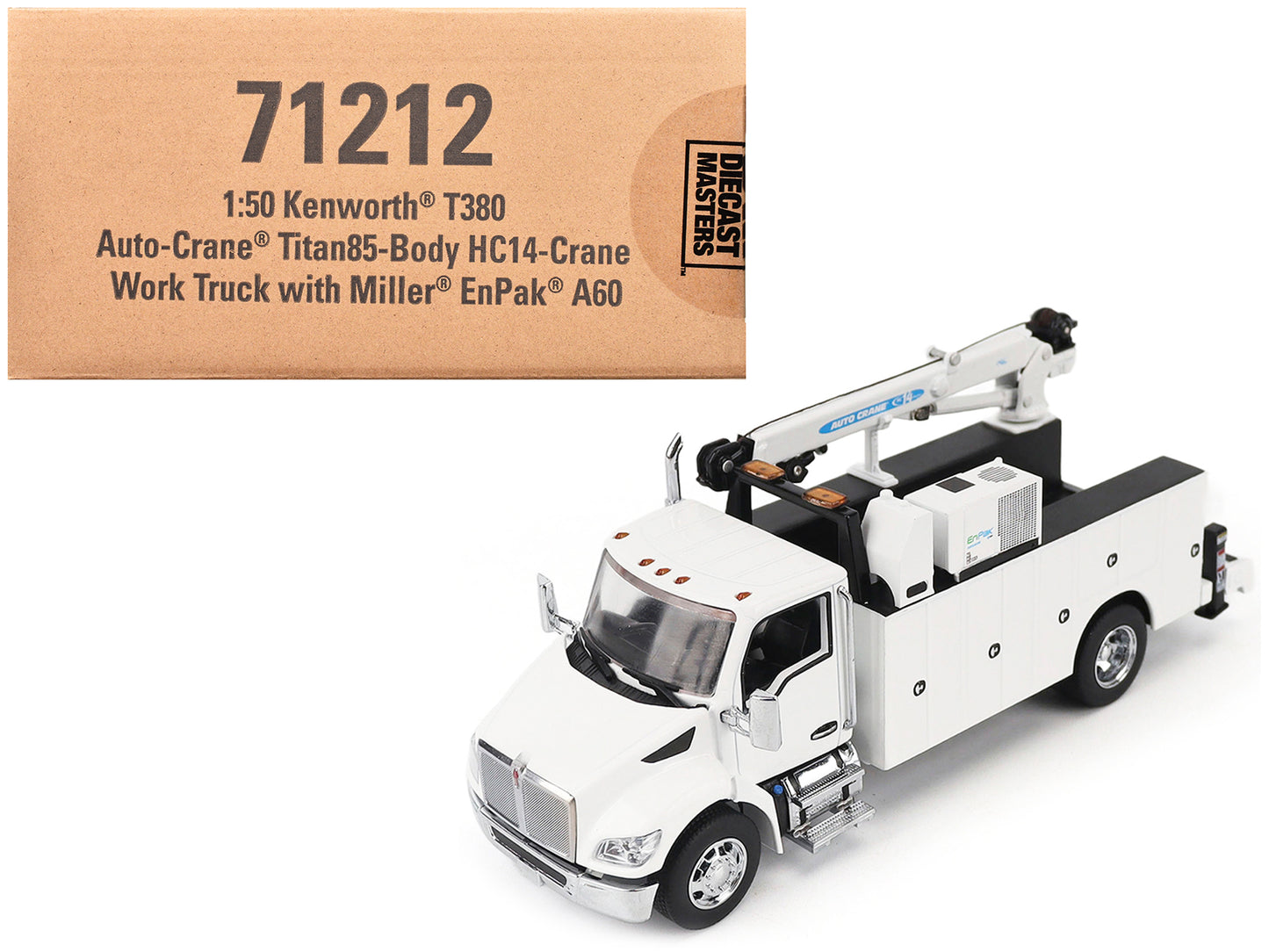 Kenworth T380 Auto-Crane Titan 85-Body HC14-Crane Work Truck with Miller EnPak White "Transport Series" 1/50 Diecast Model by Diecast Masters-DiecastModeler.com