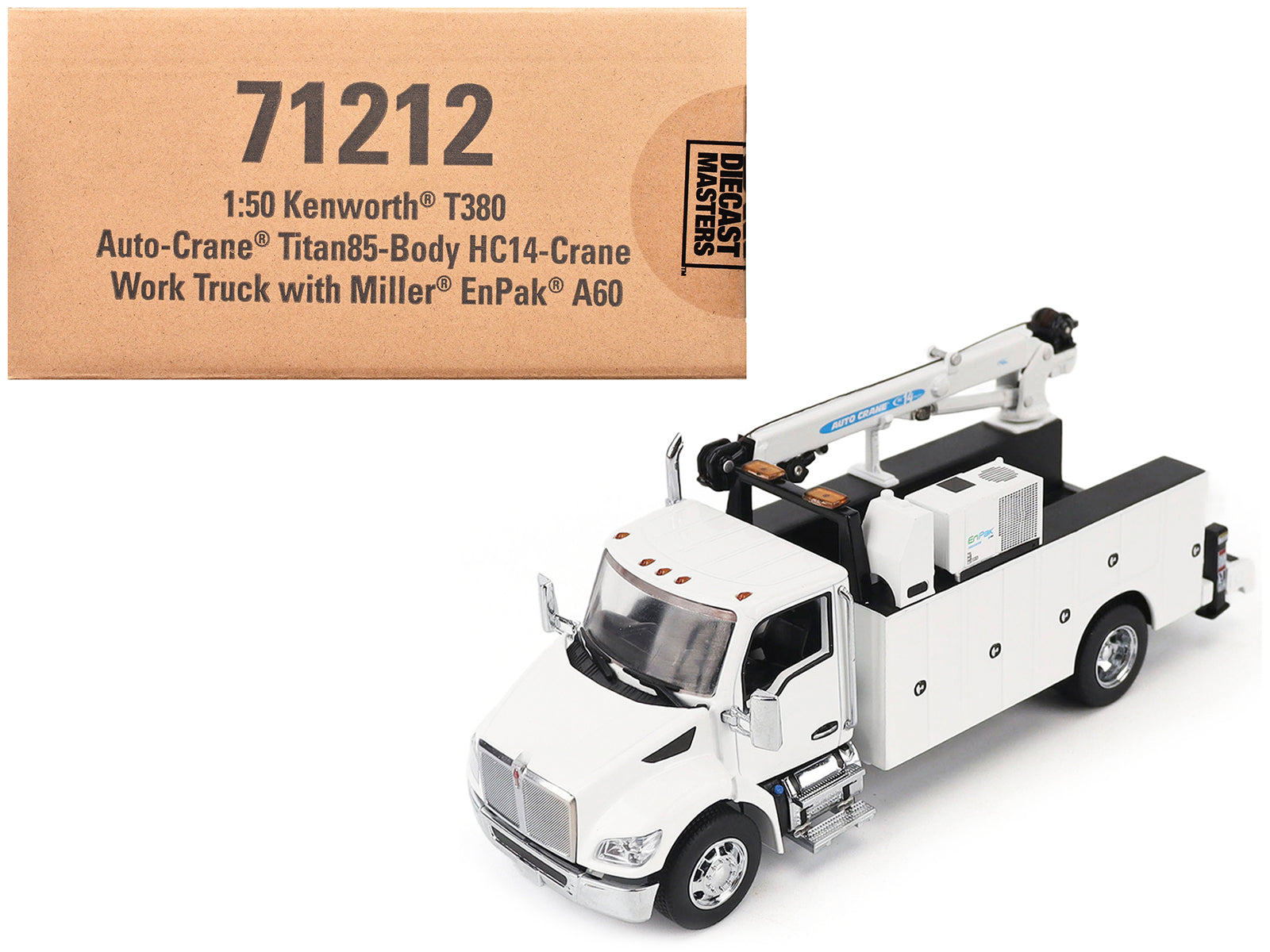 Kenworth T380 Auto-Crane Titan 85-Body HC14-Crane Work Truck with Miller EnPak White "Transport Series" 1/50 Diecast Model by Diecast Masters-DiecastModeler.com