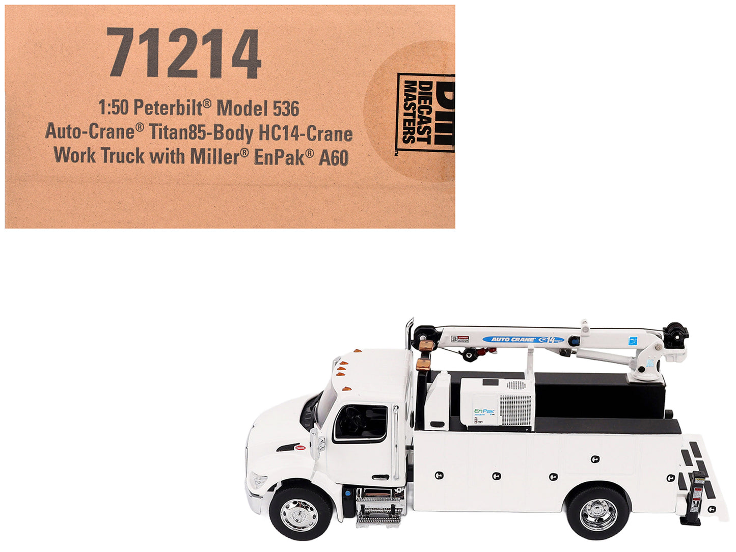 Peterbilt 536 Auto-Crane Titan85-Body HC14-Crane Work Truck with Miller EnPak White "Transport Series" 1/50 Diecast Model by Diecast Masters-DiecastModeler.com