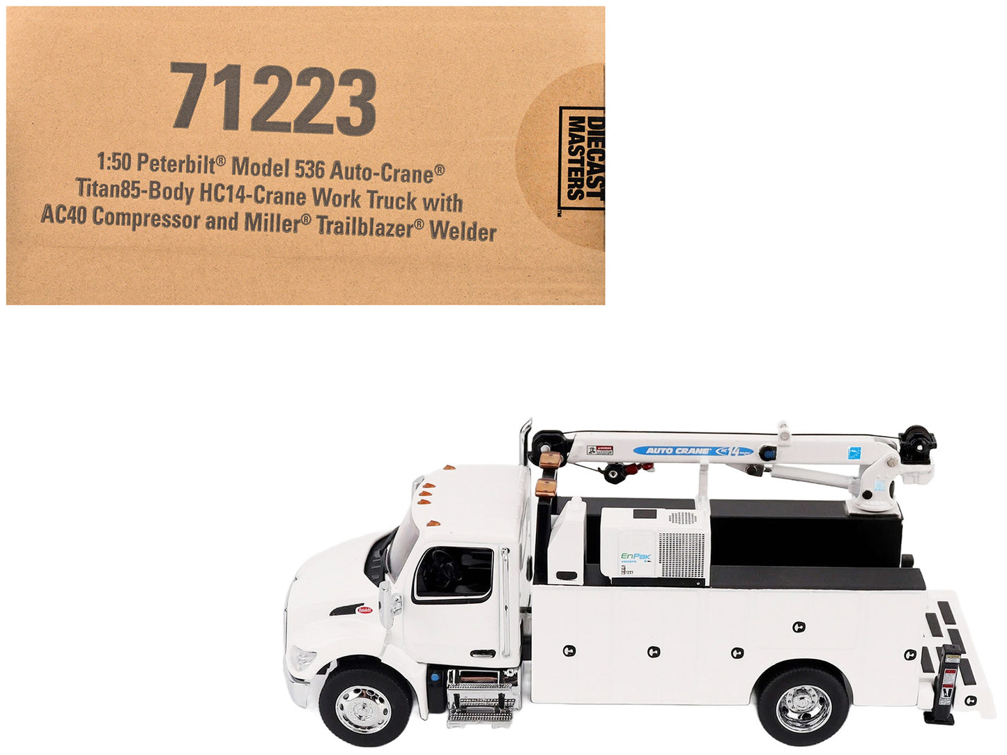 Peterbilt 536 Auto-Crane Titan 85-Body HC14-Crane Work Truck with Miller EnPak White "Transport Series" 1/50 Diecast Model by Diecast Masters-DiecastModeler.com