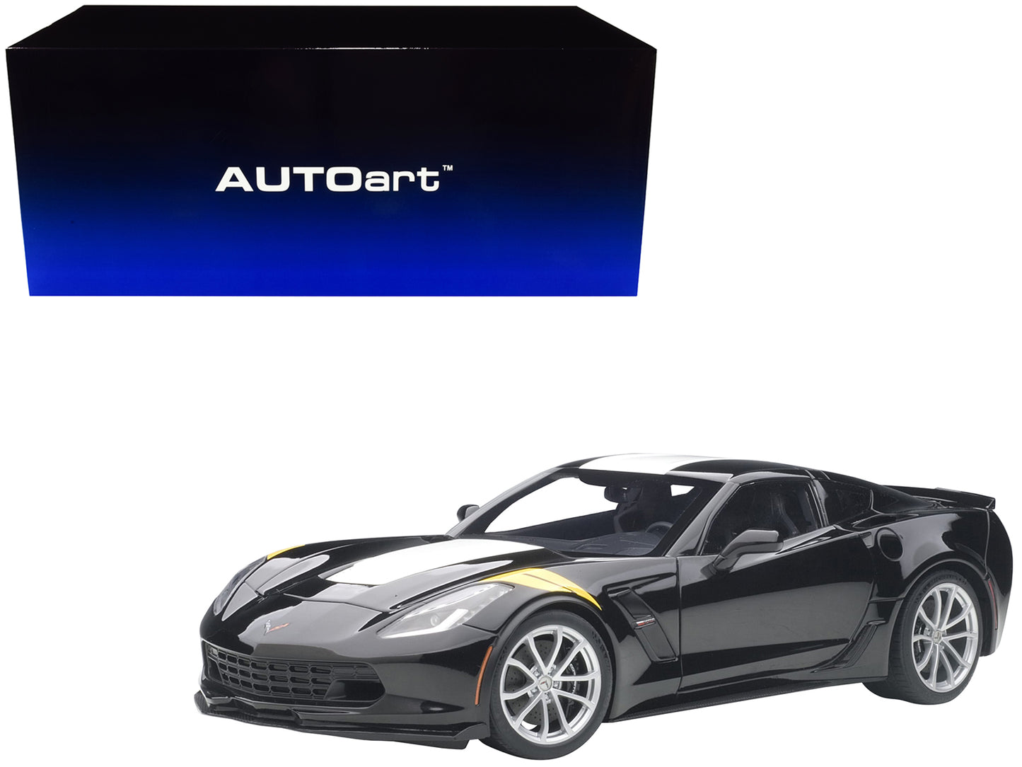 2017 Chevrolet Corvette C7 Grand Sport Black with White Stripe and Yellow Fender Hash Marks 1/18 Model Car by Autoart-DiecastModeler.com