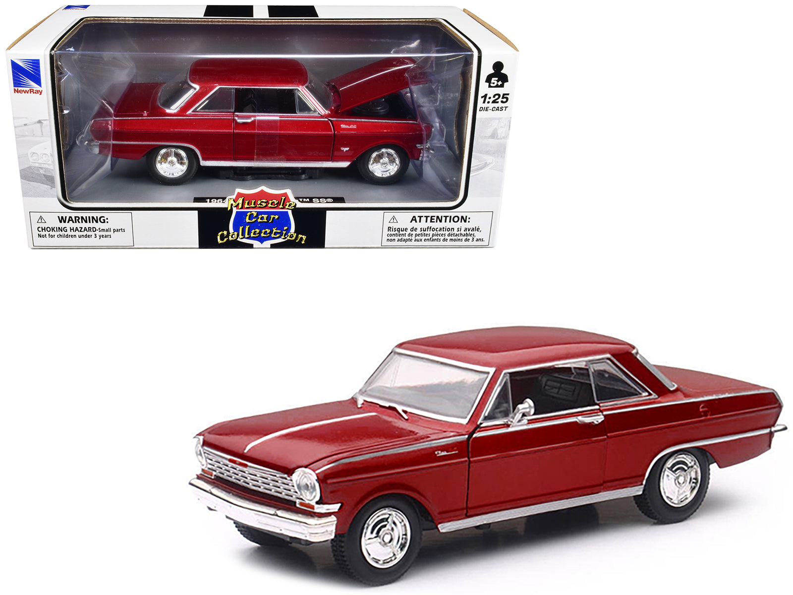 1964 Chevrolet Nova SS Burgundy "Muscle Car Collection" 1/25 Diecast Model Car by New Ray-DiecastModeler.com