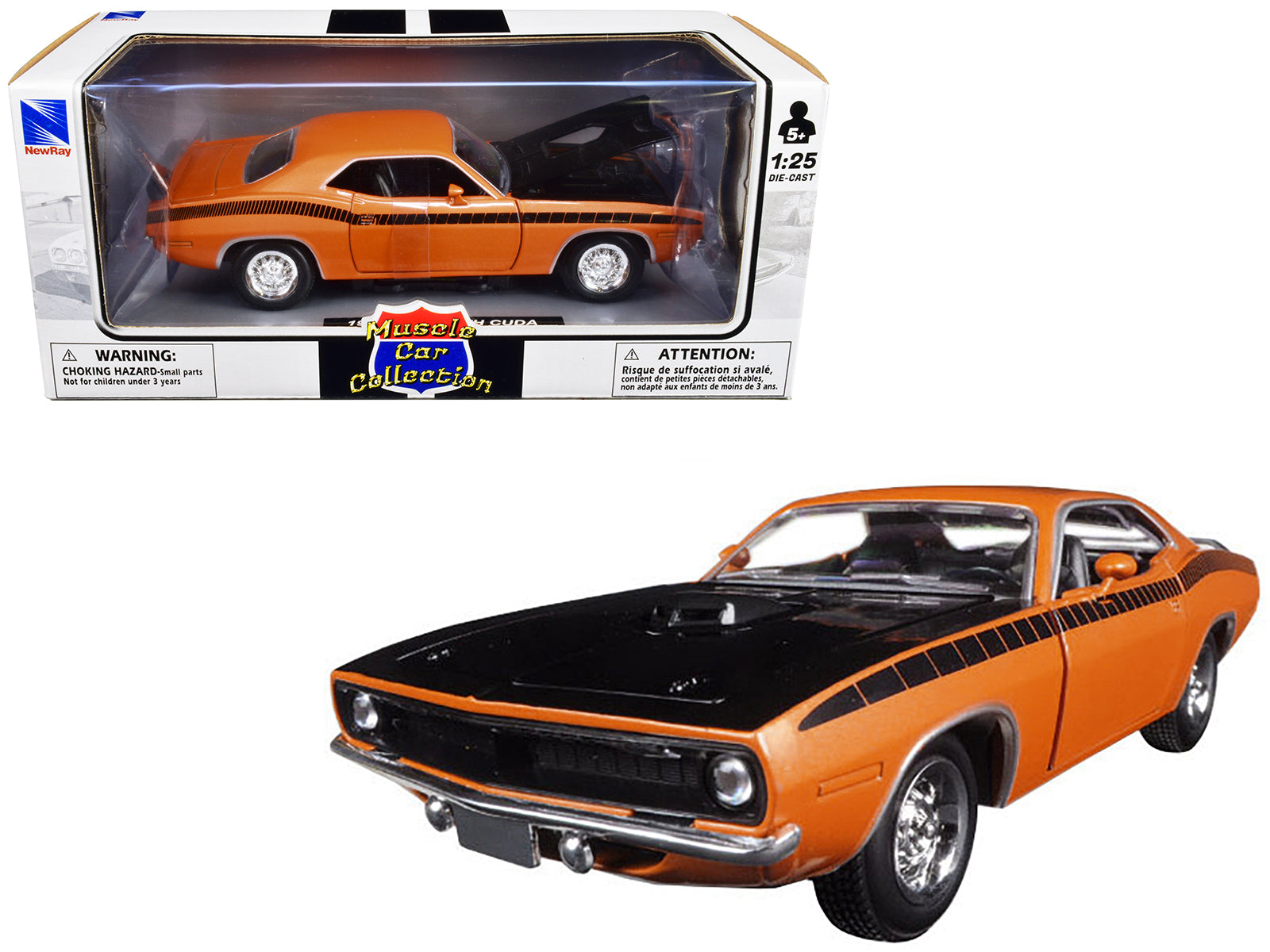 1970 Plymouth Cuda Orange with Black Hood and Stripes 1/25 Diecast Model Car by New Ray-DiecastModeler.com