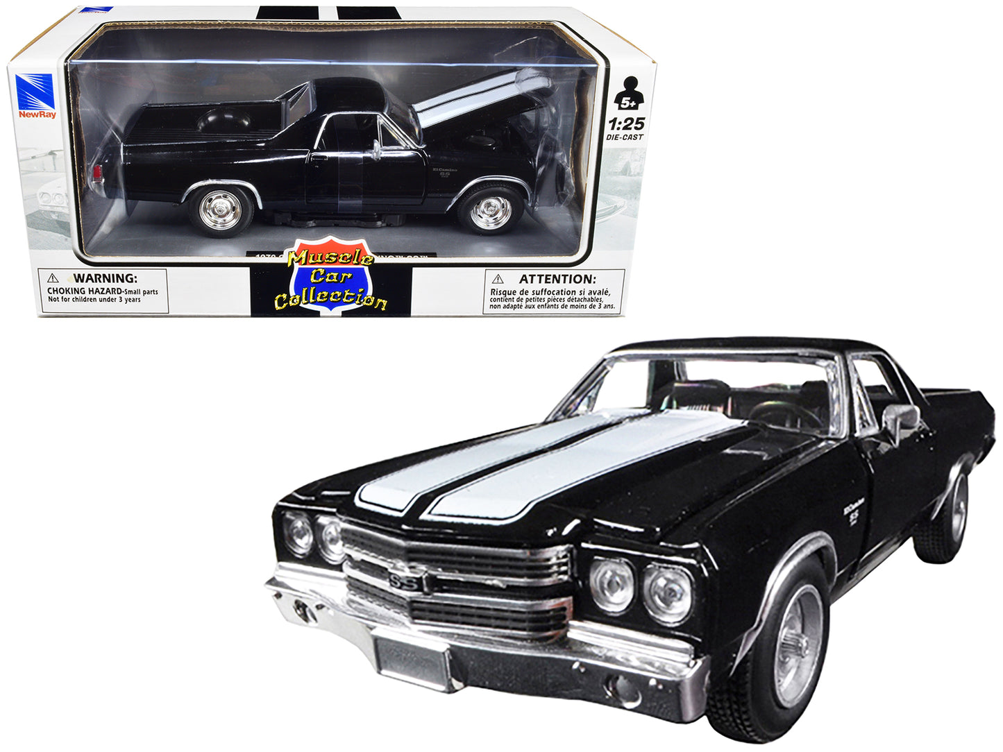 1970 Chevrolet El Camino SS Black with White Stripes "Muscle Car Collection" 1/25 Diecast Model Car by New Ray-DiecastModeler.com
