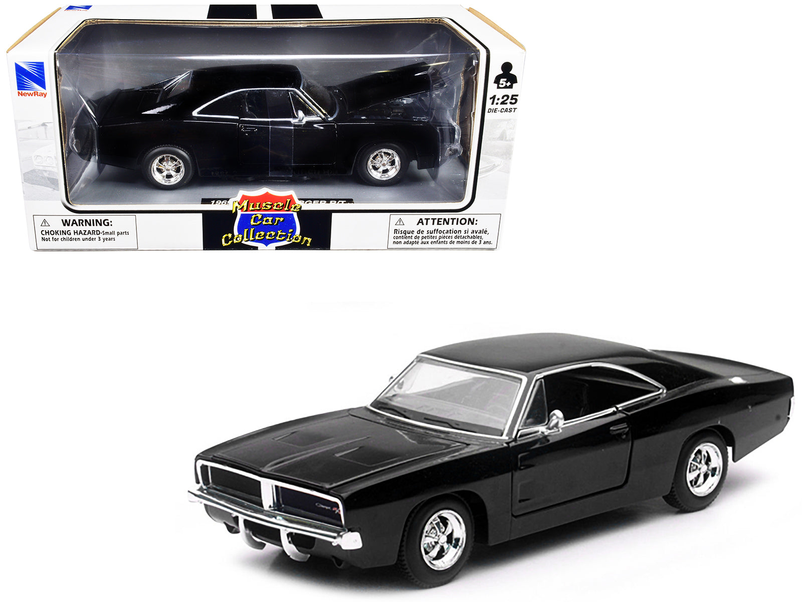 1969 Dodge Charger R/T Black "Muscle Car Collection" 1/25 Diecast Model Car by New Ray-DiecastModeler.com