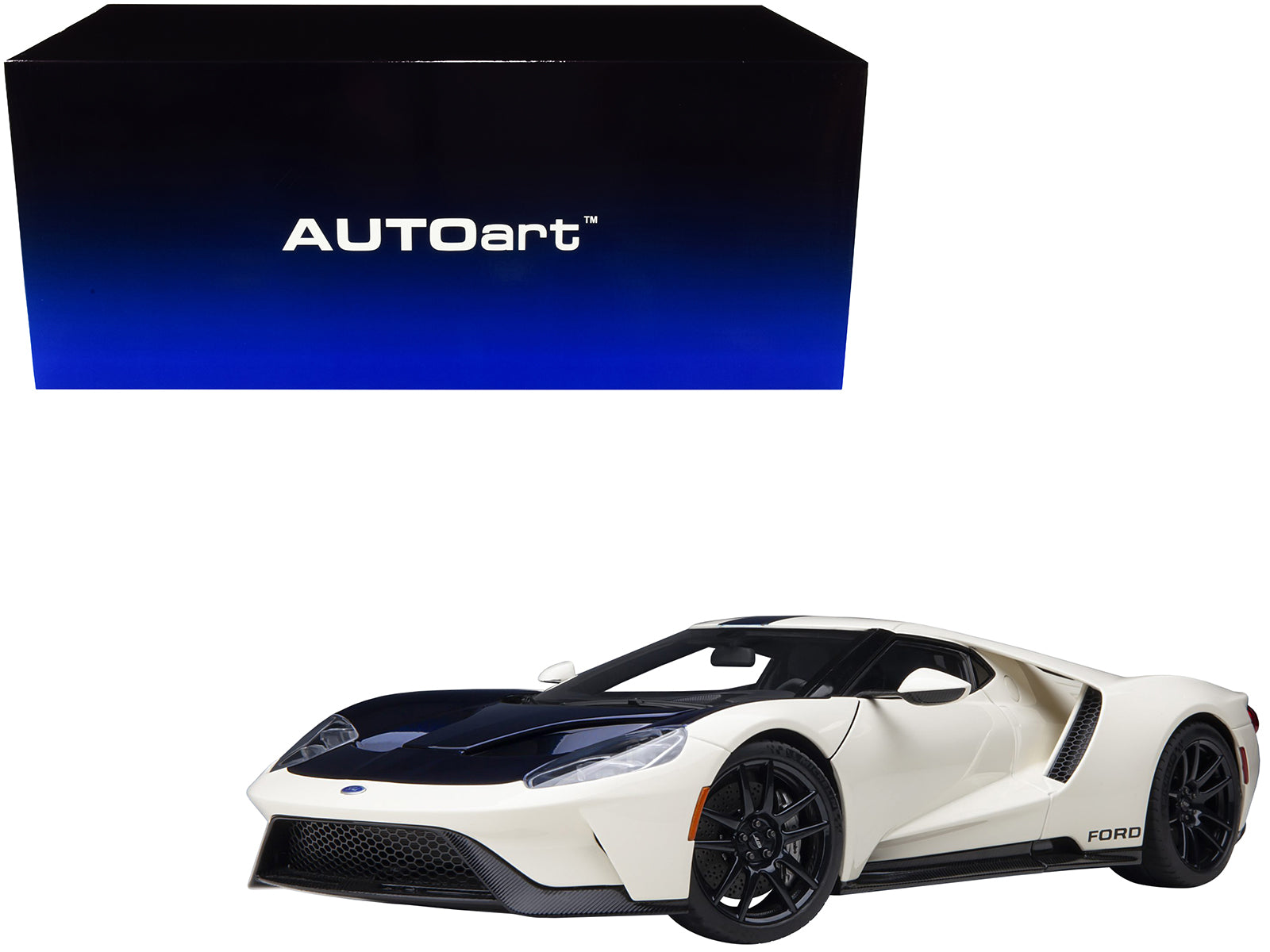 Ford GT Heritage Edition Prototype Wimbledon White with Antimatter Blue Hood and Stripe 1/18 Model Car by Autoart-DiecastModeler.com