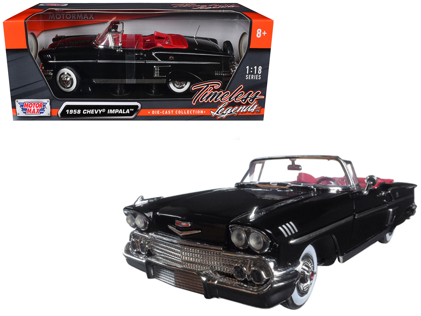 1958 Chevrolet Impala Convertible Black with Red Interior "Timeless Classics" 1/18  Diecast Model Car by Motormax