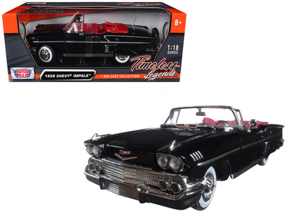 1958 Chevrolet Impala Convertible Black with Red Interior "Timeless Classics" 1/18  Diecast Model Car by Motormax