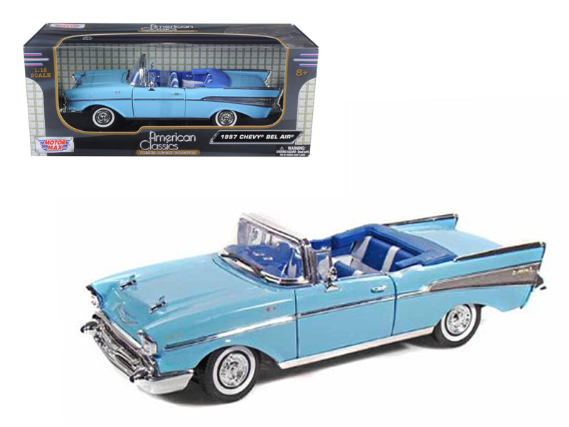 1957 Chevrolet Bel Air Convertible Light Blue with Blue Interior 1/18 Diecast Model Car by Motormax-DiecastModeler.com