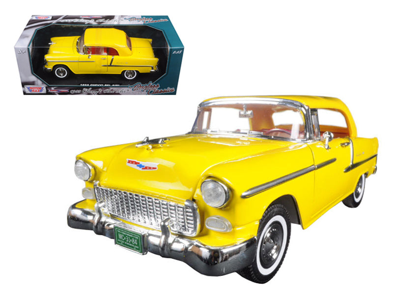 1955 Chevrolet Bel Air Convertible Soft Top Yellow "Timeless Classics" 1/18 Diecast Model Car by Motormax-DiecastModeler.com