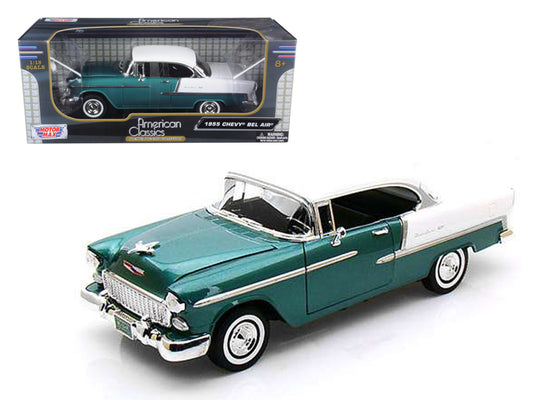 1955 Chevrolet Bel Air Hard Top Green Metallic and White 1/18 Diecast Model Car by Motormax-DiecastModeler.com