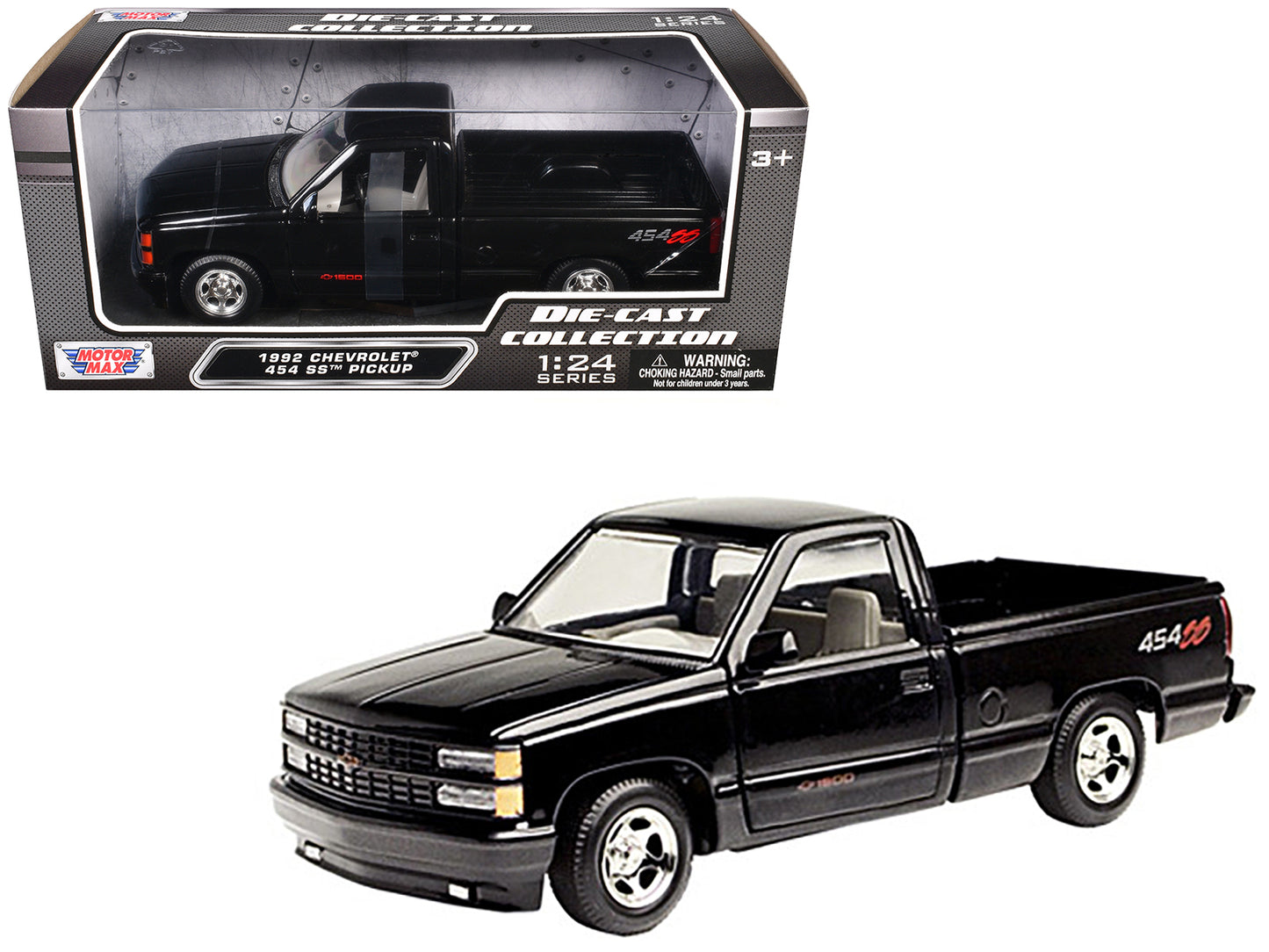 1992 Chevrolet 454 SS Pickup Truck Black 1/24 Diecast Model Car by Motormax-DiecastModeler.com