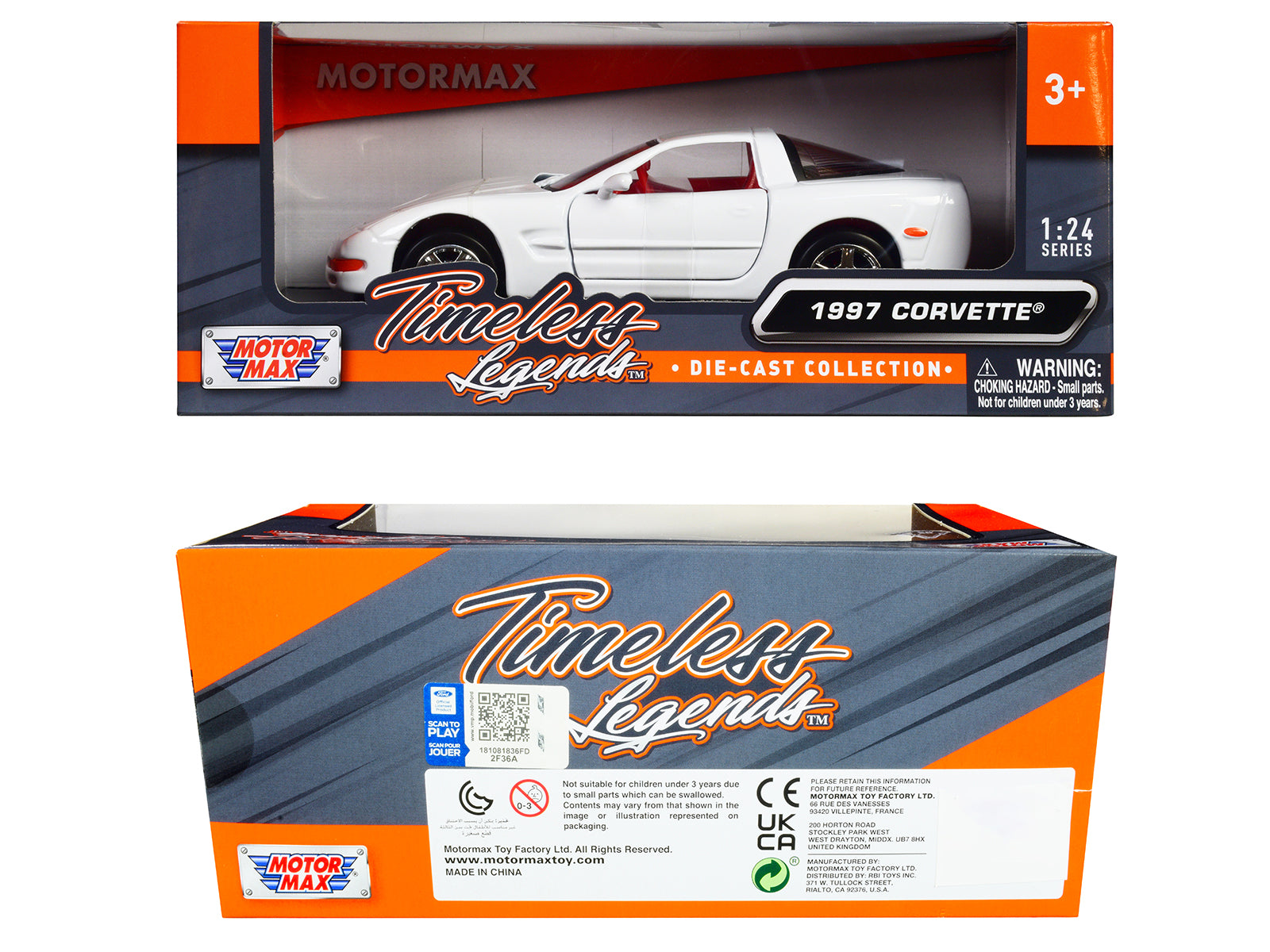 1997 Chevrolet Corvette C5 Coupe White with Red Interior "Timeless Legends" Series 1/24 Diecast Model Car by Motormax-DiecastModeler.com