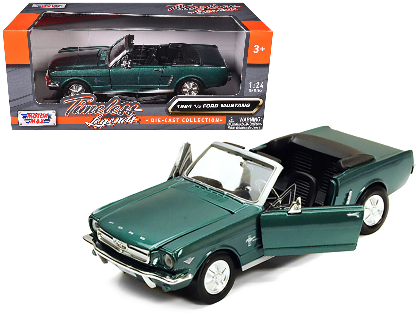 1964 1/2 Ford Mustang Convertible Green Metallic 1/24 Diecast Model Car by Motormax-DiecastModeler.com