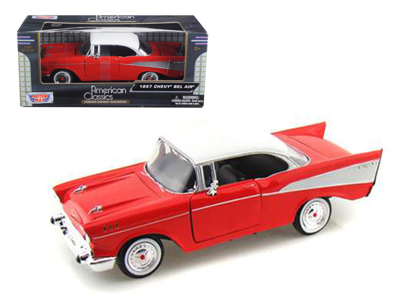 1957 Chevrolet Bel Air Red with White Top 1/24 Diecast Model Car by Motormax-DiecastModeler.com