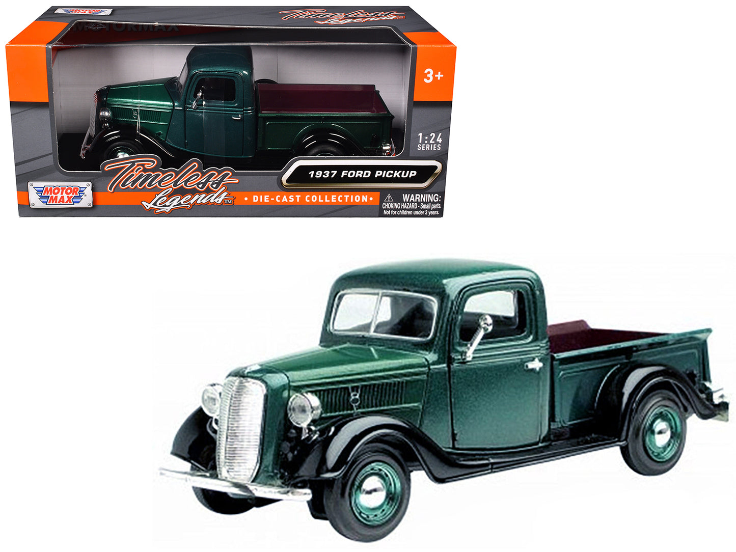 1937 Ford Pickup Truck Green and Black 1/24 Diecast Model Car by Motormax-DiecastModeler.com