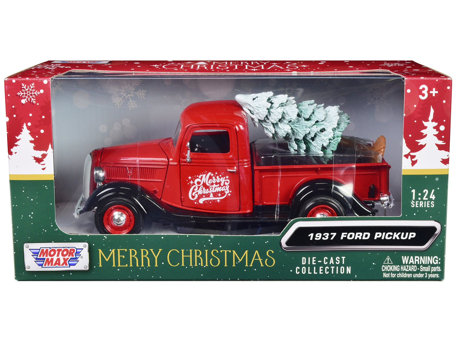 1937 Ford Pickup Truck Red and Black "Merry Christmas" with Tree Accessory 1/24 Diecast Model Car by Motormax-DiecastModeler.com