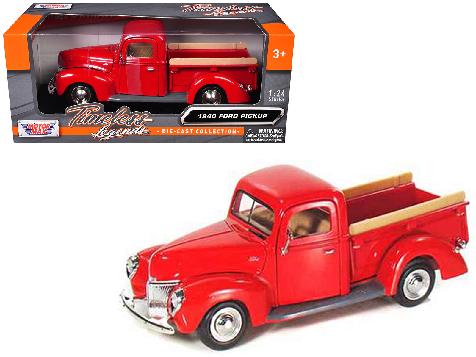 1940 Ford Pickup Truck Red 1/24 Diecast Model Car by Motormax-DiecastModeler.com