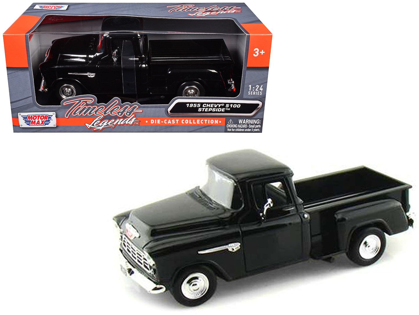 1955 Chevrolet 5100 Stepside Pickup Truck Black 1/24 Diecast Car Model by Motormax-DiecastModeler.com