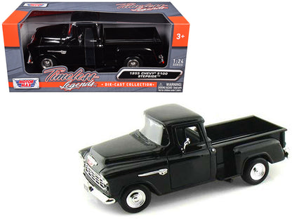1955 Chevrolet 5100 Stepside Pickup Truck Black 1/24 Diecast Car Model by Motormax-DiecastModeler.com