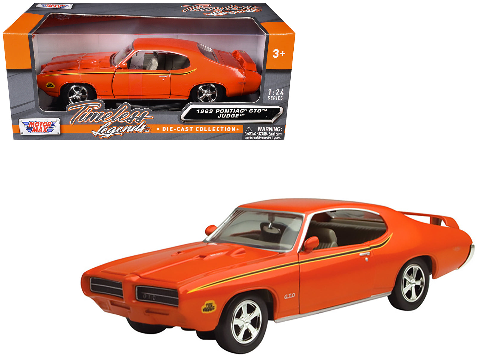 1969 Pontiac GTO Judge Orange with Stripes 1/24 Diecast Model Car by Motormax-DiecastModeler.com