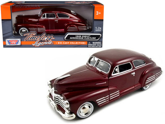 1948 Chevrolet Aerosedan Fleetline Dark Red Metallic 1/24 Diecast Model Car by Motormax-DiecastModeler.com