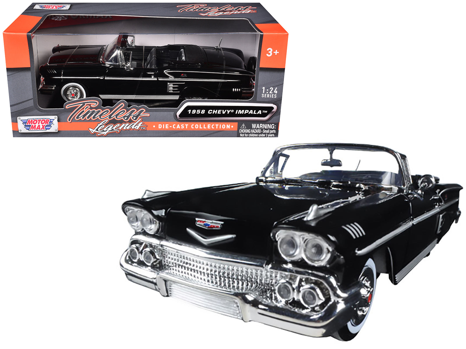 1958 Chevrolet Impala Convertible Black 1/24 Diecast Model Car by Motormax-DiecastModeler.com