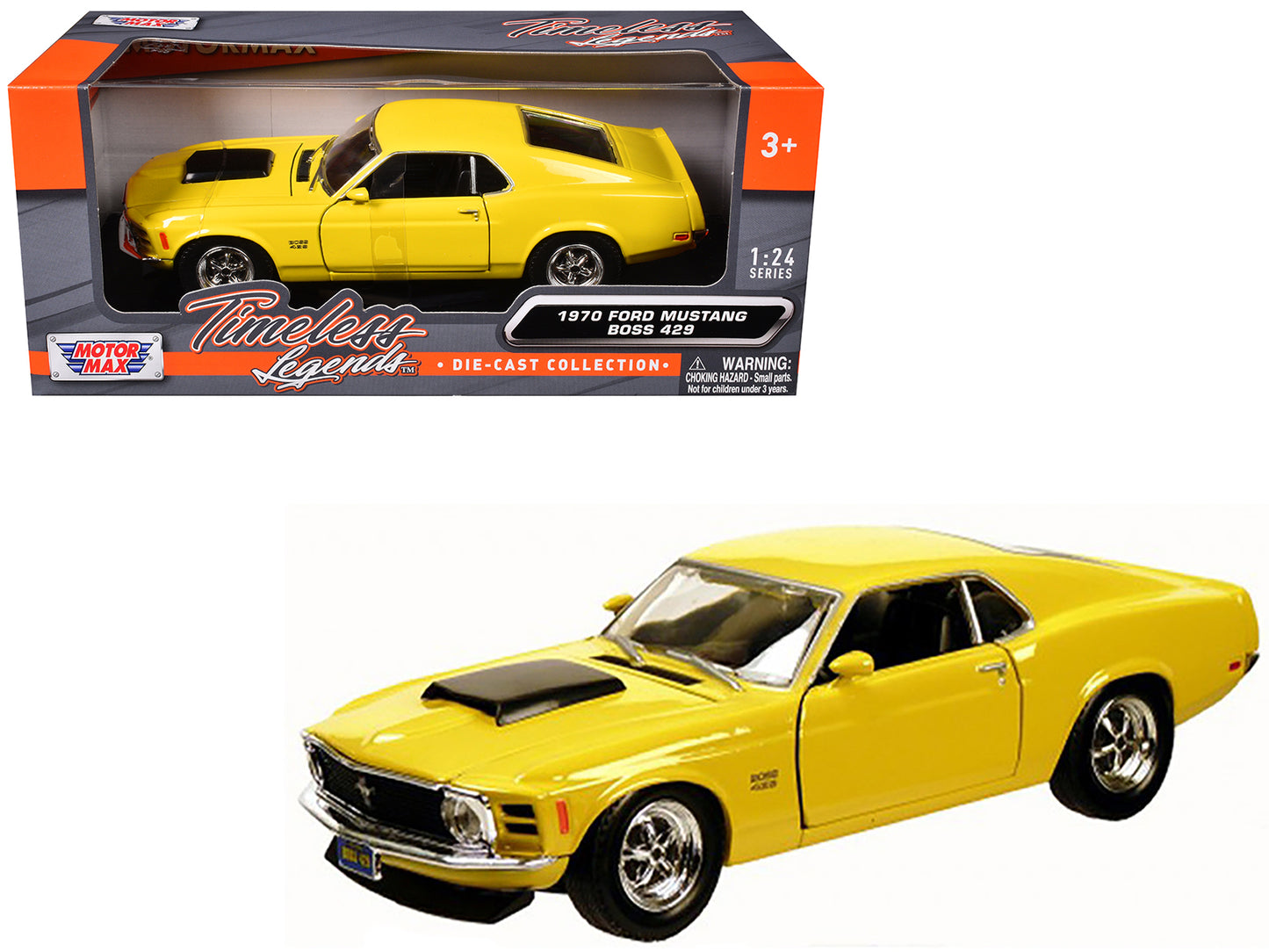 1970 Ford Mustang Boss 429 Yellow 1/24 Diecast Model Car by Motormax-DiecastModeler.com